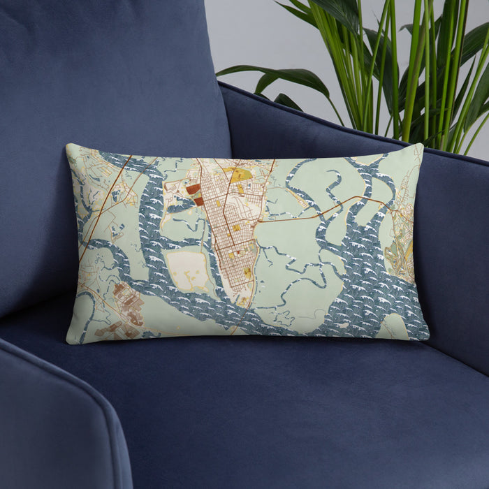 Custom Brunswick Georgia Map Throw Pillow in Woodblock on Blue Colored Chair