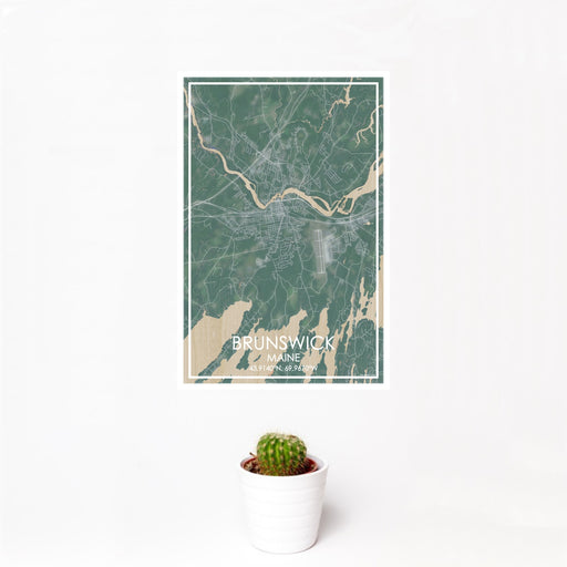 12x18 Brunswick Maine Map Print Portrait Orientation in Afternoon Style With Small Cactus Plant in White Planter