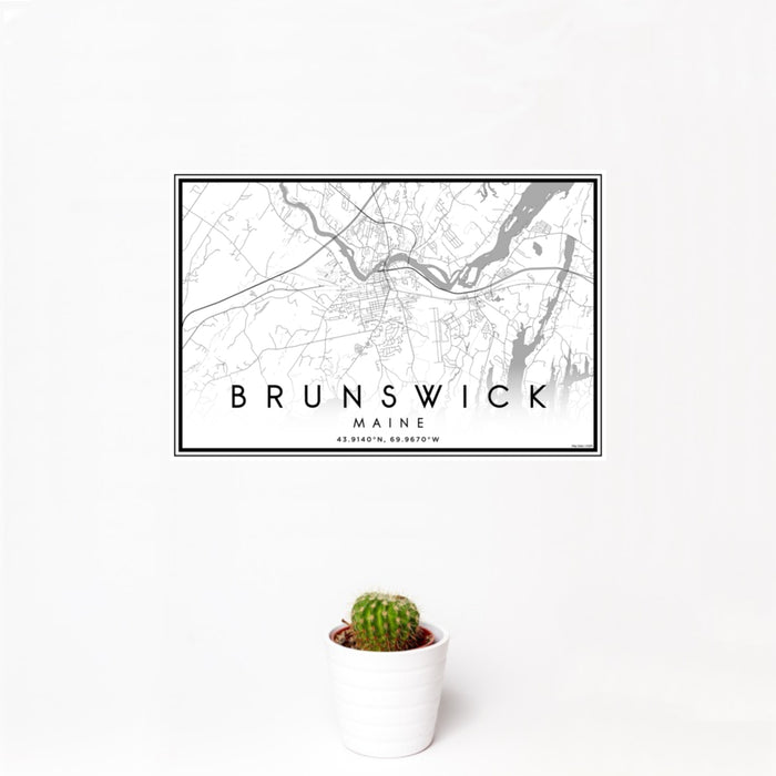 12x18 Brunswick Maine Map Print Landscape Orientation in Classic Style With Small Cactus Plant in White Planter