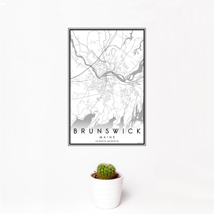 12x18 Brunswick Maine Map Print Portrait Orientation in Classic Style With Small Cactus Plant in White Planter