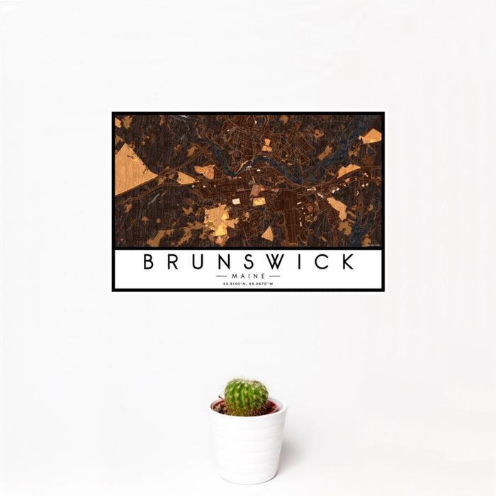 12x18 Brunswick Maine Map Print Landscape Orientation in Ember Style With Small Cactus Plant in White Planter
