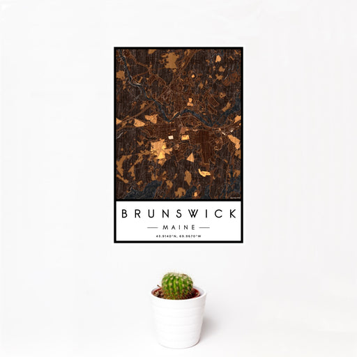 12x18 Brunswick Maine Map Print Portrait Orientation in Ember Style With Small Cactus Plant in White Planter