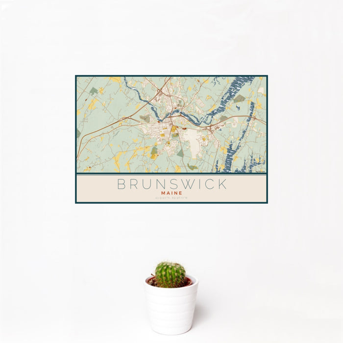 12x18 Brunswick Maine Map Print Landscape Orientation in Woodblock Style With Small Cactus Plant in White Planter