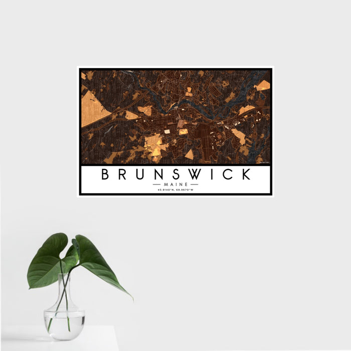 16x24 Brunswick Maine Map Print Landscape Orientation in Ember Style With Tropical Plant Leaves in Water