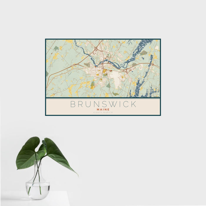 16x24 Brunswick Maine Map Print Landscape Orientation in Woodblock Style With Tropical Plant Leaves in Water