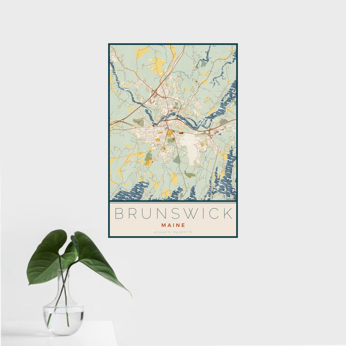 16x24 Brunswick Maine Map Print Portrait Orientation in Woodblock Style With Tropical Plant Leaves in Water