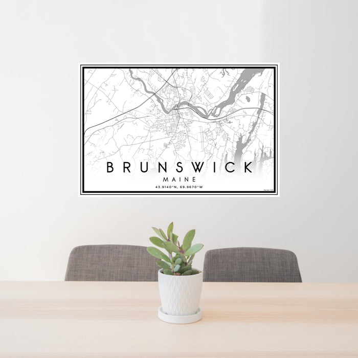 24x36 Brunswick Maine Map Print Lanscape Orientation in Classic Style Behind 2 Chairs Table and Potted Plant