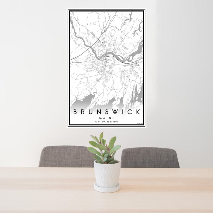 24x36 Brunswick Maine Map Print Portrait Orientation in Classic Style Behind 2 Chairs Table and Potted Plant