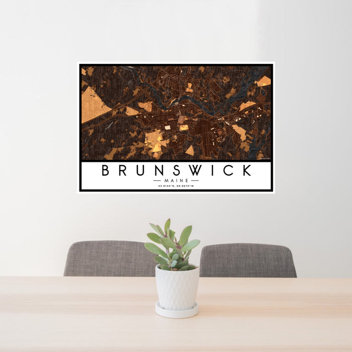 24x36 Brunswick Maine Map Print Lanscape Orientation in Ember Style Behind 2 Chairs Table and Potted Plant