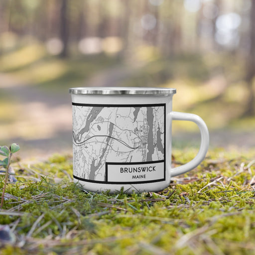 Right View Custom Brunswick Maine Map Enamel Mug in Classic on Grass With Trees in Background