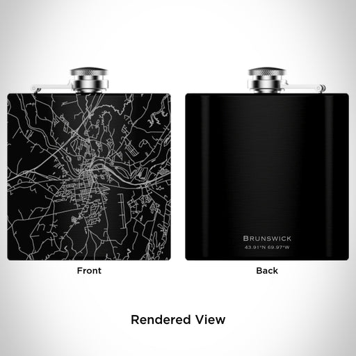 Rendered View of Brunswick Maine Map Engraving on 6oz Stainless Steel Flask in Black