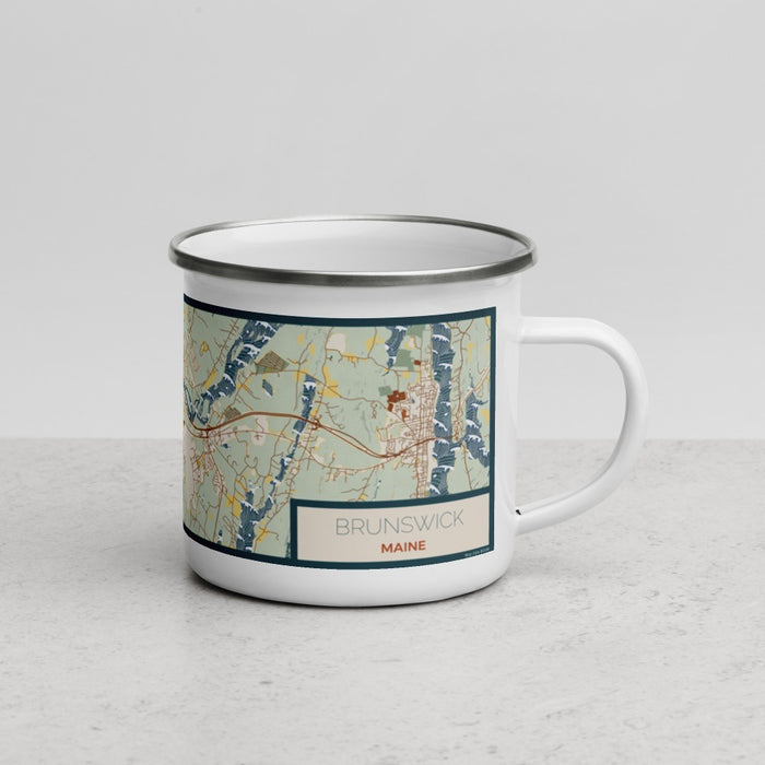 Right View Custom Brunswick Maine Map Enamel Mug in Woodblock