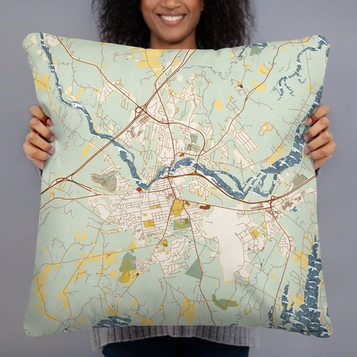 Person holding 22x22 Custom Brunswick Maine Map Throw Pillow in Woodblock