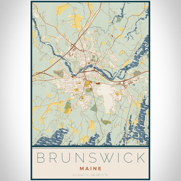 Brunswick Maine Map Print Portrait Orientation in Woodblock Style With Shaded Background