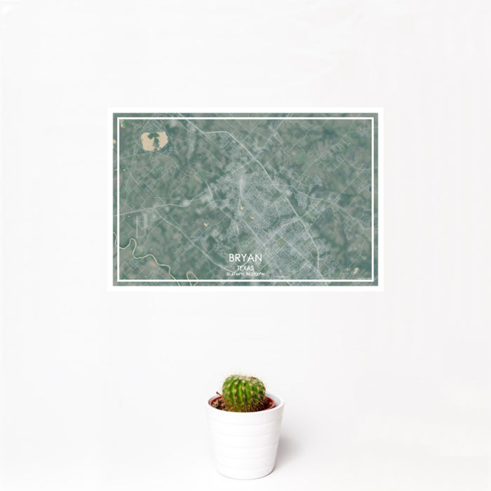 12x18 Bryan Texas Map Print Landscape Orientation in Afternoon Style With Small Cactus Plant in White Planter