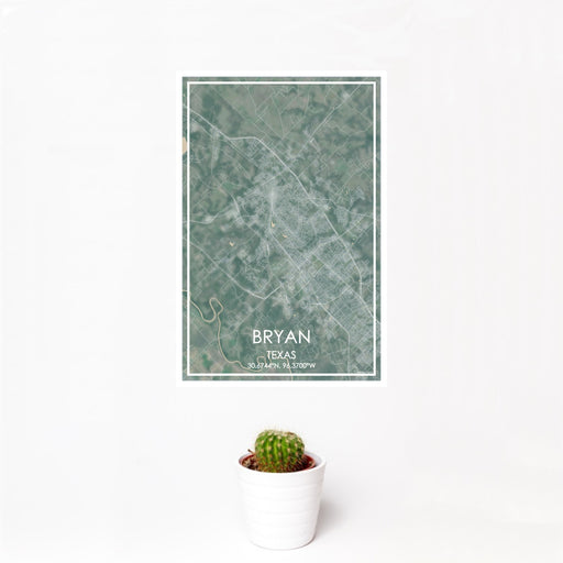 12x18 Bryan Texas Map Print Portrait Orientation in Afternoon Style With Small Cactus Plant in White Planter