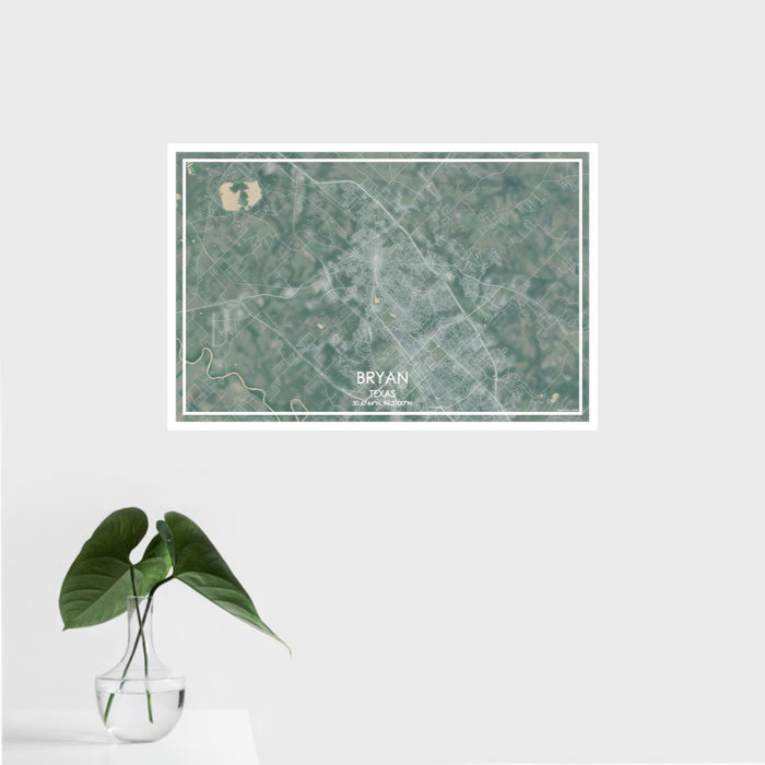 16x24 Bryan Texas Map Print Landscape Orientation in Afternoon Style With Tropical Plant Leaves in Water