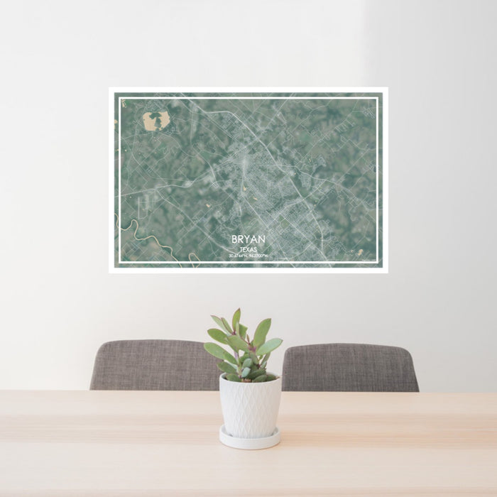 24x36 Bryan Texas Map Print Lanscape Orientation in Afternoon Style Behind 2 Chairs Table and Potted Plant