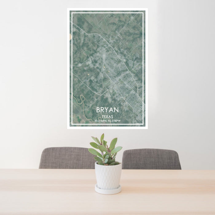 24x36 Bryan Texas Map Print Portrait Orientation in Afternoon Style Behind 2 Chairs Table and Potted Plant