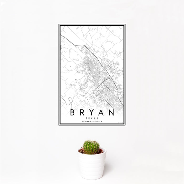 12x18 Bryan Texas Map Print Portrait Orientation in Classic Style With Small Cactus Plant in White Planter