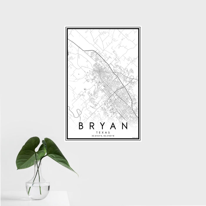 16x24 Bryan Texas Map Print Portrait Orientation in Classic Style With Tropical Plant Leaves in Water