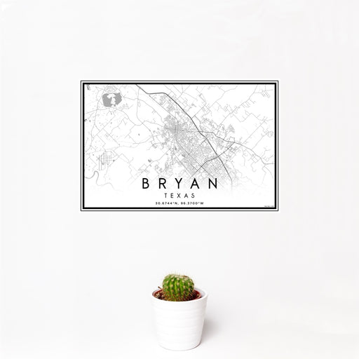 12x18 Bryan Texas Map Print Landscape Orientation in Classic Style With Small Cactus Plant in White Planter