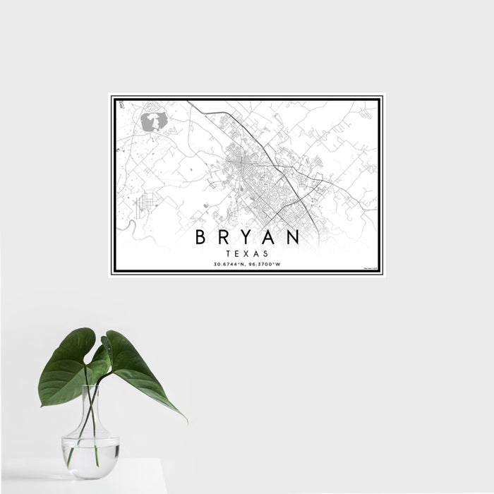 16x24 Bryan Texas Map Print Landscape Orientation in Classic Style With Tropical Plant Leaves in Water