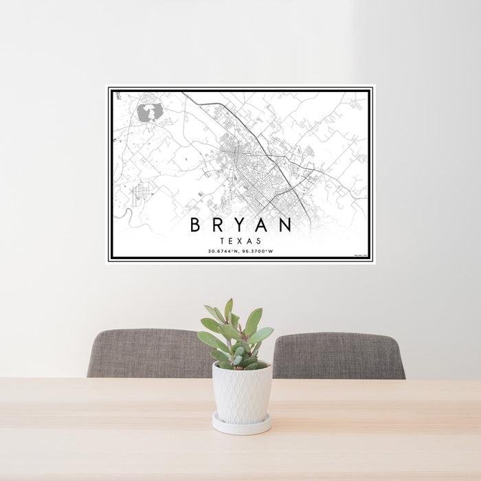 24x36 Bryan Texas Map Print Landscape Orientation in Classic Style Behind 2 Chairs Table and Potted Plant