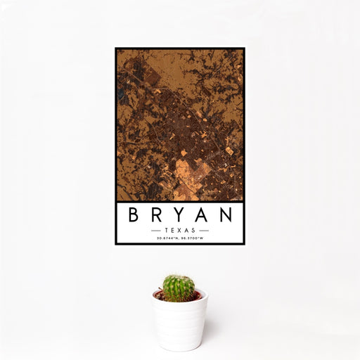 12x18 Bryan Texas Map Print Portrait Orientation in Ember Style With Small Cactus Plant in White Planter