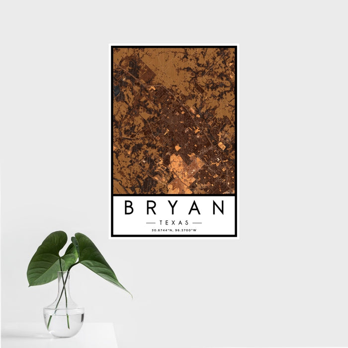 16x24 Bryan Texas Map Print Portrait Orientation in Ember Style With Tropical Plant Leaves in Water