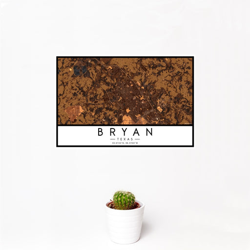 12x18 Bryan Texas Map Print Landscape Orientation in Ember Style With Small Cactus Plant in White Planter