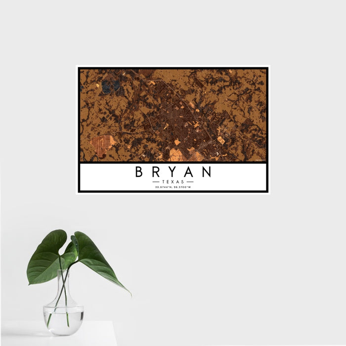 16x24 Bryan Texas Map Print Landscape Orientation in Ember Style With Tropical Plant Leaves in Water