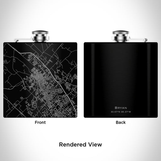 Rendered View of Bryan Texas Map Engraving on 6oz Stainless Steel Flask in Black