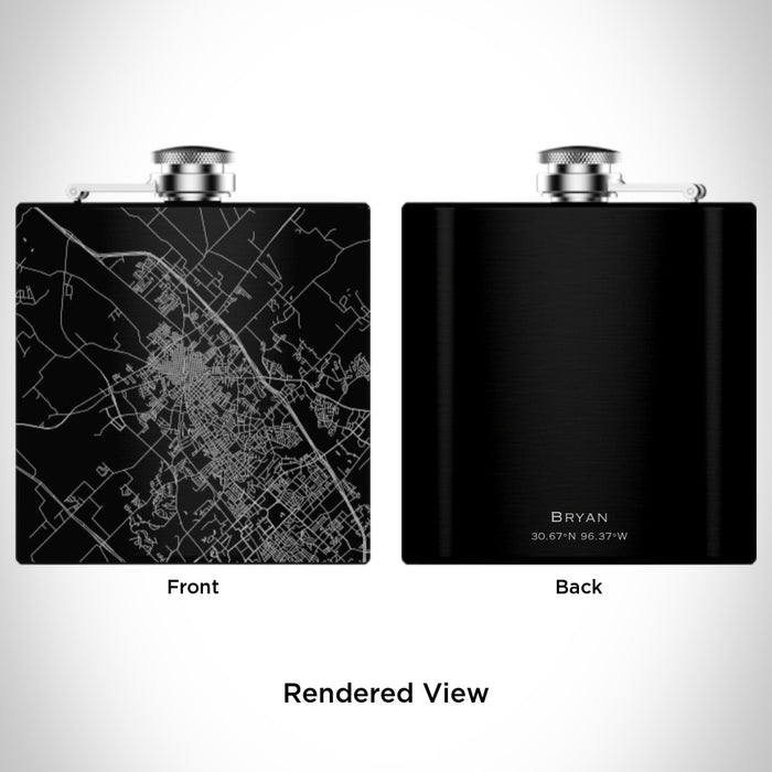 Rendered View of Bryan Texas Map Engraving on 6oz Stainless Steel Flask in Black