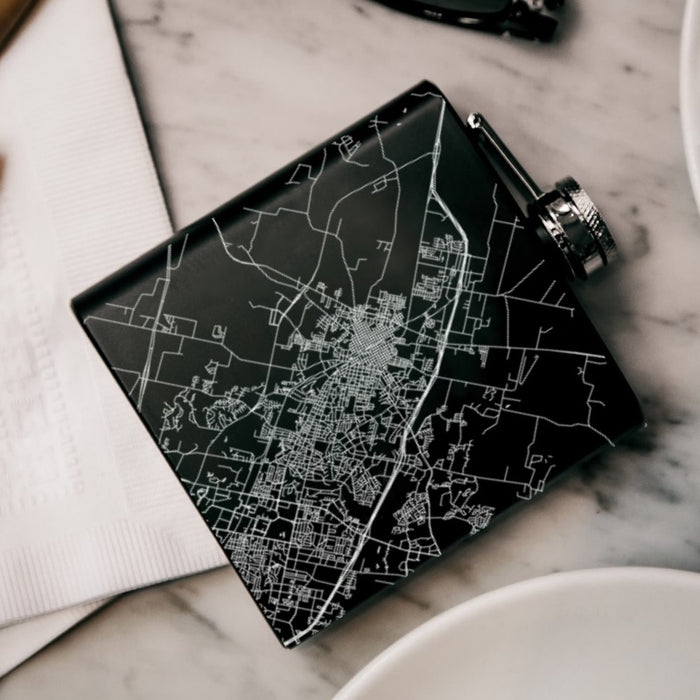 Bryan Texas Custom Engraved City Map Inscription Coordinates on 6oz Stainless Steel Flask in Black