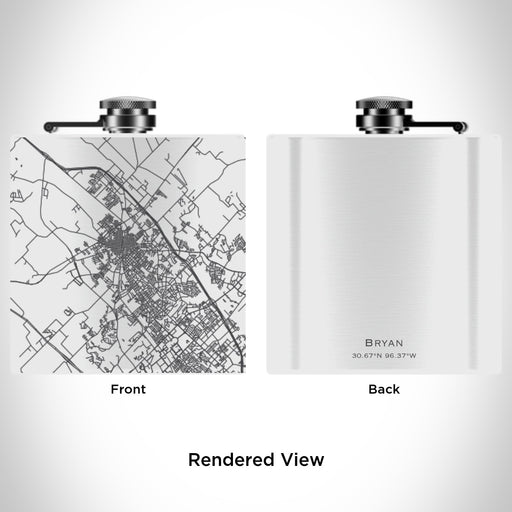 Rendered View of Bryan Texas Map Engraving on 6oz Stainless Steel Flask in White