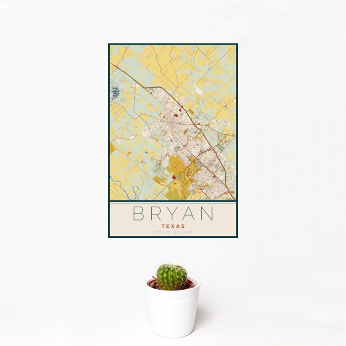 12x18 Bryan Texas Map Print Portrait Orientation in Woodblock Style With Small Cactus Plant in White Planter