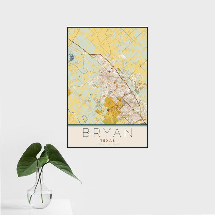 16x24 Bryan Texas Map Print Portrait Orientation in Woodblock Style With Tropical Plant Leaves in Water