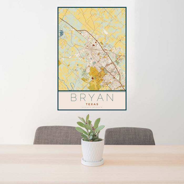 24x36 Bryan Texas Map Print Portrait Orientation in Woodblock Style Behind 2 Chairs Table and Potted Plant