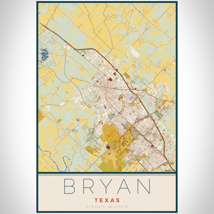 Bryan Texas Map Print Portrait Orientation in Woodblock Style With Shaded Background