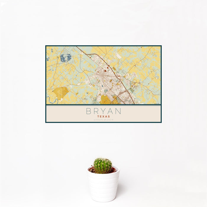 12x18 Bryan Texas Map Print Landscape Orientation in Woodblock Style With Small Cactus Plant in White Planter