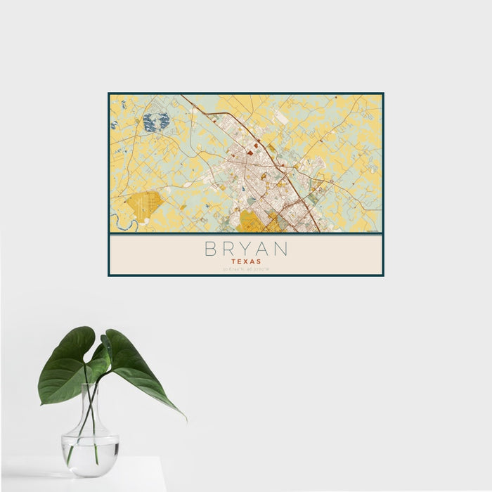 16x24 Bryan Texas Map Print Landscape Orientation in Woodblock Style With Tropical Plant Leaves in Water
