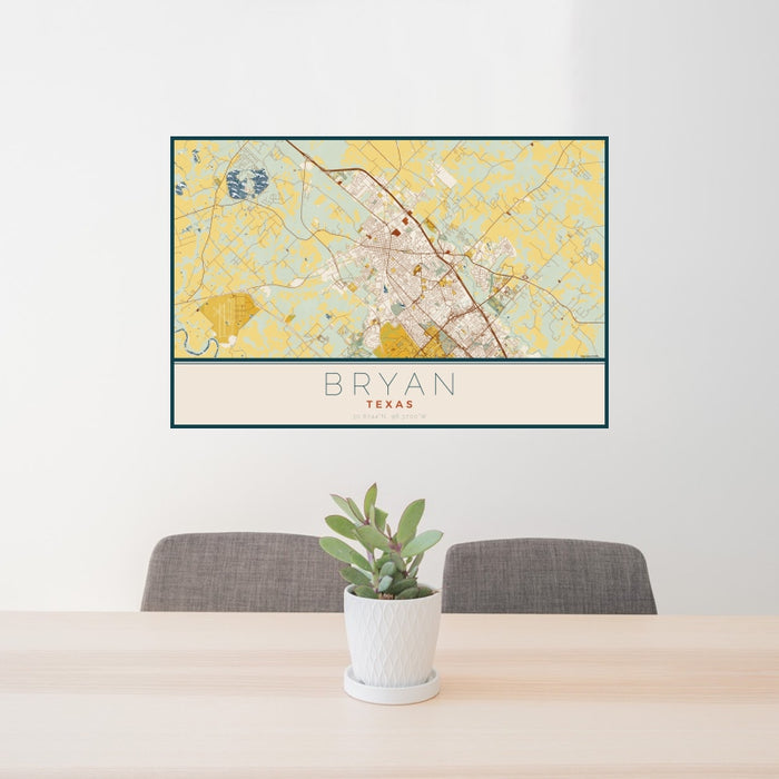 24x36 Bryan Texas Map Print Landscape Orientation in Woodblock Style Behind 2 Chairs Table and Potted Plant