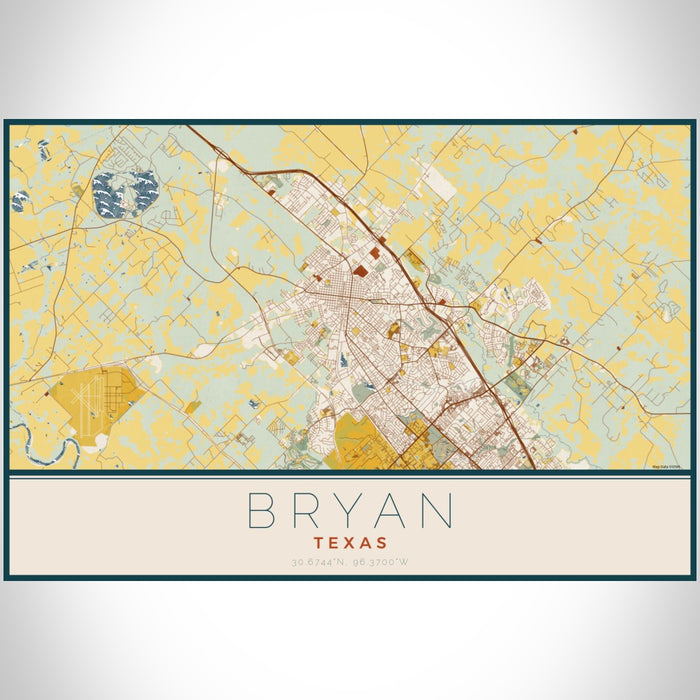 Bryan Texas Map Print Landscape Orientation in Woodblock Style With Shaded Background