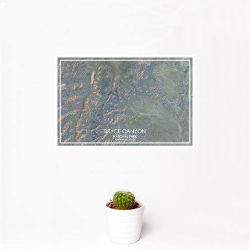 12x18 Bryce Canyon National Park Map Print Landscape Orientation in Afternoon Style With Small Cactus Plant in White Planter