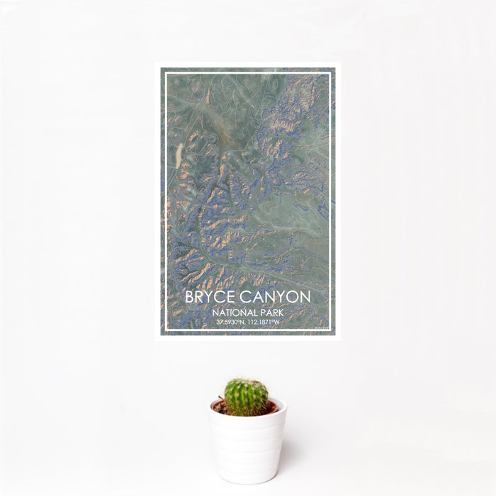 12x18 Bryce Canyon National Park Map Print Portrait Orientation in Afternoon Style With Small Cactus Plant in White Planter