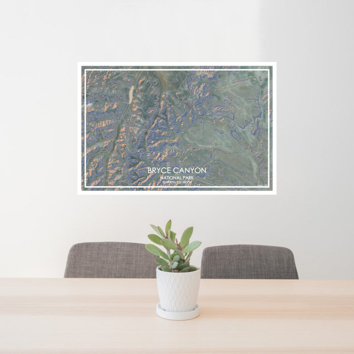 24x36 Bryce Canyon National Park Map Print Lanscape Orientation in Afternoon Style Behind 2 Chairs Table and Potted Plant