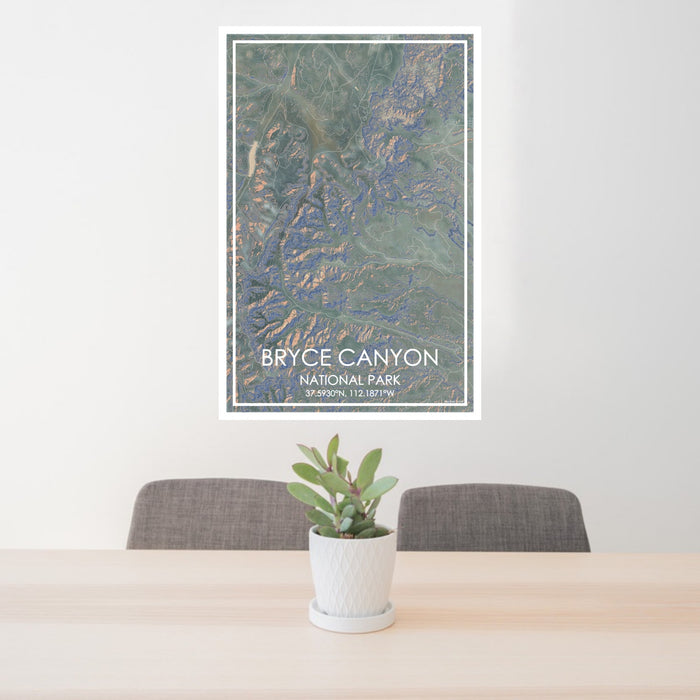 24x36 Bryce Canyon National Park Map Print Portrait Orientation in Afternoon Style Behind 2 Chairs Table and Potted Plant
