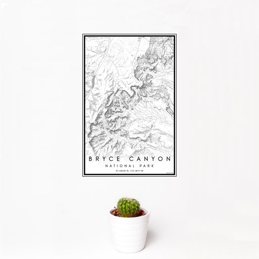 12x18 Bryce Canyon National Park Map Print Portrait Orientation in Classic Style With Small Cactus Plant in White Planter