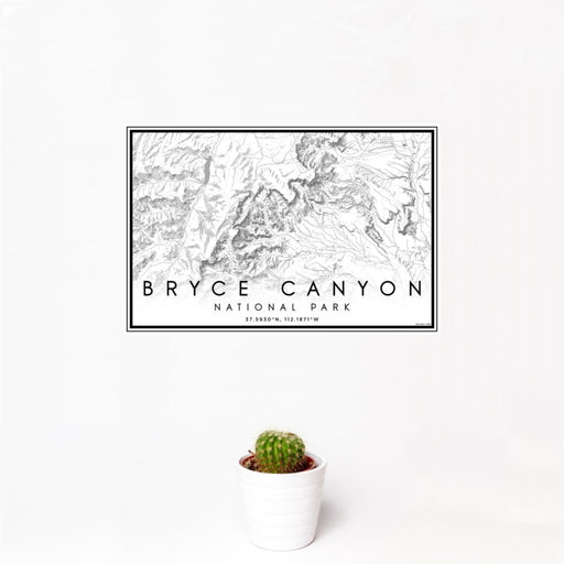12x18 Bryce Canyon National Park Map Print Landscape Orientation in Classic Style With Small Cactus Plant in White Planter